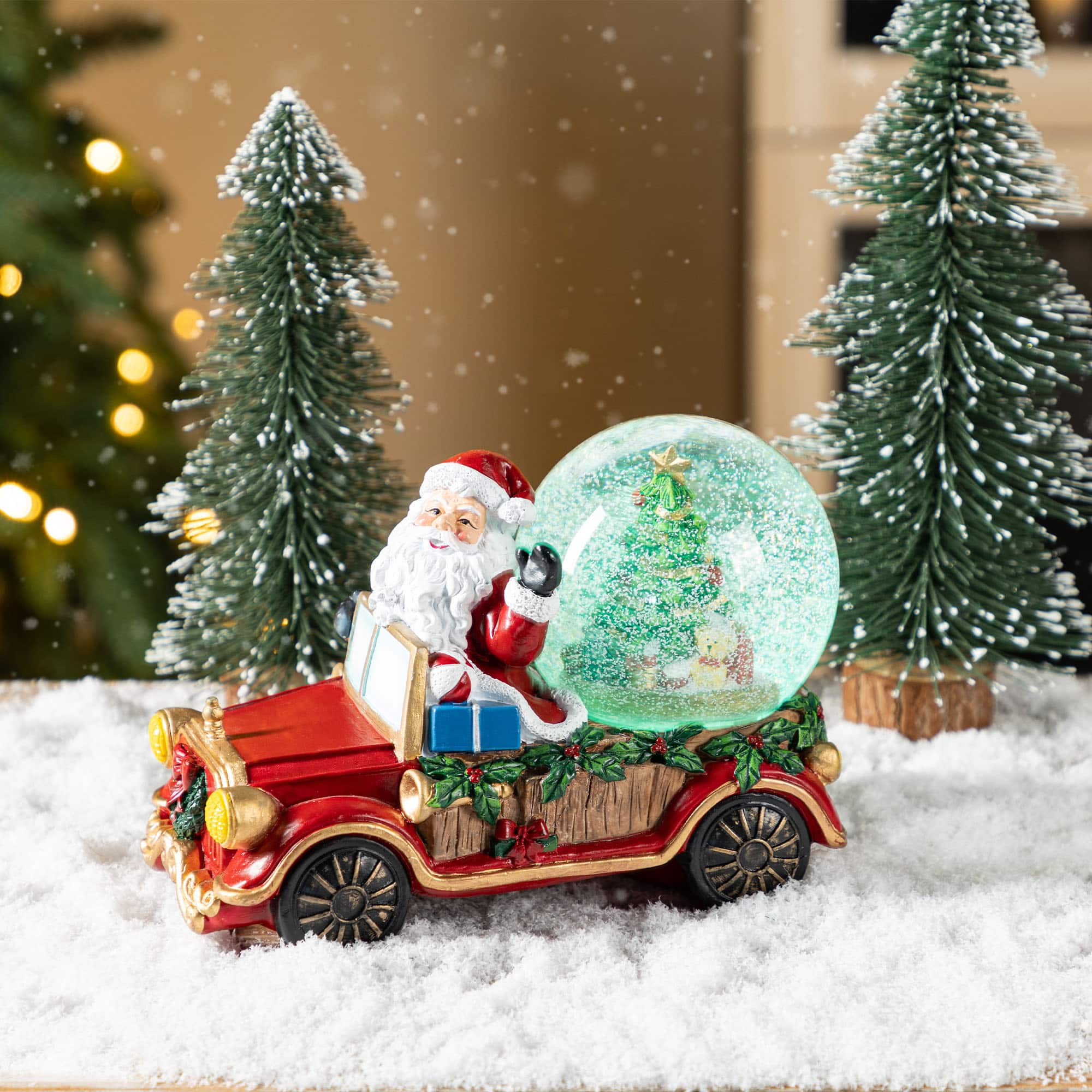 Glitzhome® 100mm Christmas Resin Lighted Musical Snowflakes Santa Car Waterglobe